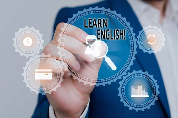 Handwriting text Learn English. Concept meaning gain acquire knowledge in new language by study Male human wear formal work suit presenting presentation using smart device. — Stock Photo, Image