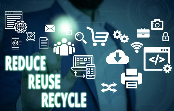 Handwriting text Reduce Reuse Recycle. Concept meaning environmentallyresponsible consumer behavior Male human wear formal work suit presenting presentation using smart device.