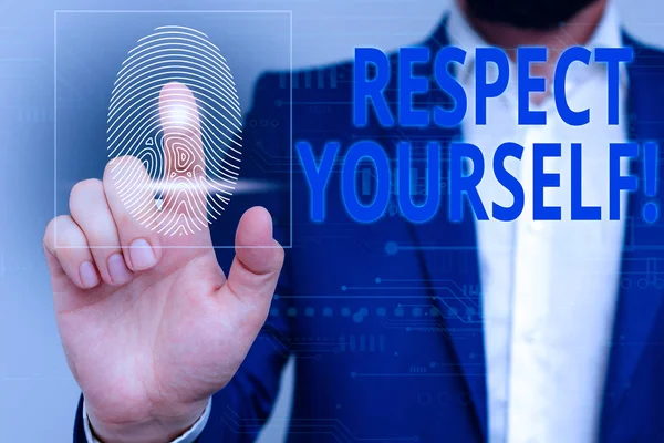 Text sign showing Respect Yourself. Conceptual photo believing that you good and worthy being treated well Male human wear formal work suit presenting presentation using smart device. — Stock Photo, Image