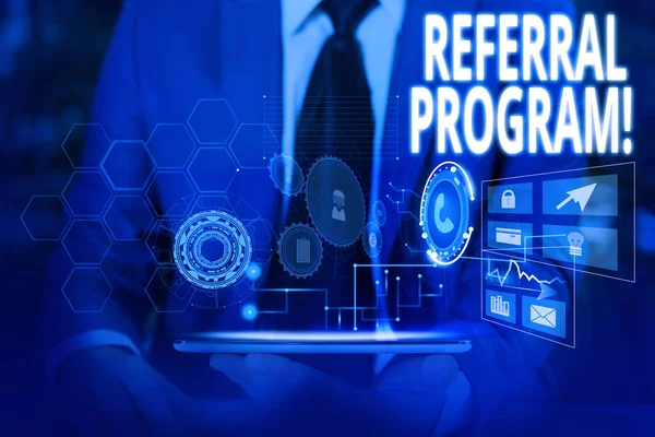 Writing note showing Referral Program. Business photo showcasing internal recruitment method employed by organizations Male wear formal suit presenting presentation smart device. — Stock Photo, Image