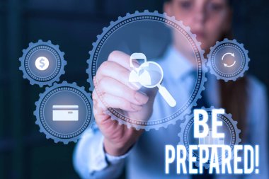 Kelime yazma metni Hazır olun. Denemek için iş konsepti her zaman yapmaya hazır olmak ya da bir şey ile başa çıkmak Kadın akıllı cihaz kullanarak sunum sunan resmi iş elbisesi giymek.