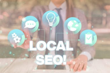 Yerel Seo'u gösteren metin işareti. Kavramsal fotoğraf sunum kullanımı akıllı cihaz sunan yakın iş online Kadın insan giyim resmi iş elbisesi pazarlamak için inanılmaz etkili bir yol.
