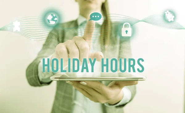 Fogalmi kézzel írásban mutatja Holiday hours. Üzleti fotó szöveg alkalmazottja kap kétszerese a normál fizetni minden órában női emberi kopás hivatalos öltöny bemutató intelligens készülék. — Stock Fotó