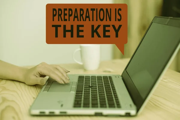 Text sign showing Preparation Is The Key. Conceptual photo it reduces errors and shortens the activities woman laptop computer smartphone mug office supplies technological devices.