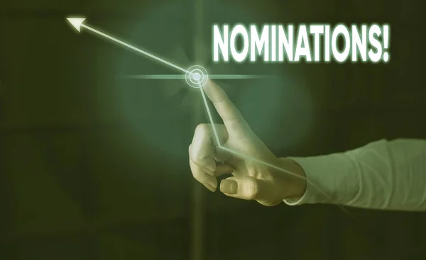 Conceptual hand writing showing Nominations. Business photo showcasing action of nominating or state being nominated for prize Lady front presenting hand blue futuristic modern technology. — Stock Photo, Image