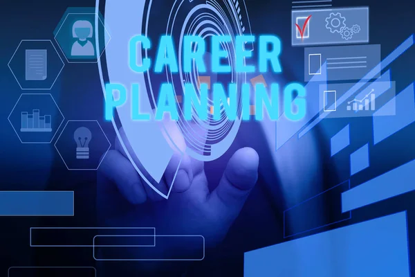 Text sign showing Career Planning. Conceptual photo Strategically plan your career goals and work success Male human wear formal work suit presenting presentation using smart device.