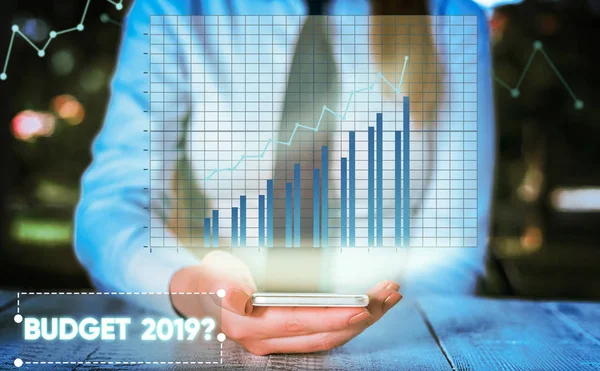 Escrita de mão conceitual mostrando Orçamento 2019 Pergunta. Foto de negócios mostrando estimativa de receitas e despesas para o próximo ano . — Fotografia de Stock