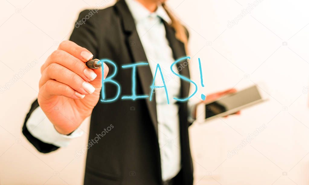 Writing note showing Bias. Business photo showcasing inclination or prejudice for or against one demonstrating group Digital business in black suite concept with business woman.