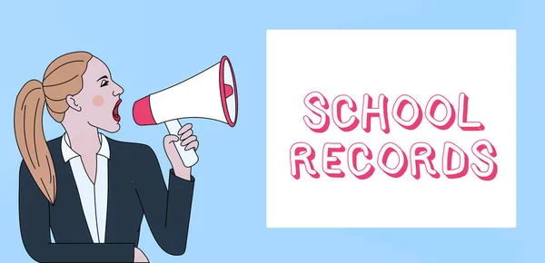 Writing note showing School Records. Business photo showcasing Information that is kept about a child at school Biography Woman Jacket Ponytail Shouting into Loudhailer Rectangular Box.