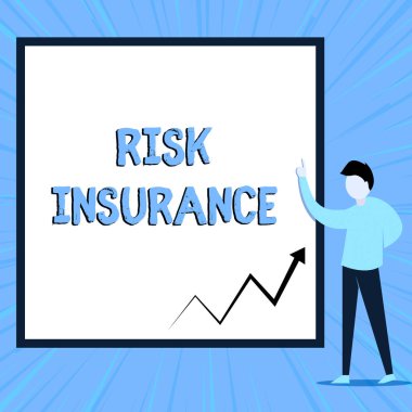Kelime yazma metin Risk Sigorta. Sorumluluk kapsamına karşı Kayıp Hasar olasılığı için iş konsepti Boş dikdörtgen Geometrik arka planı işaret eden genç adam.
