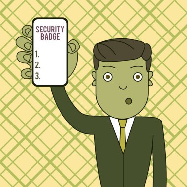 Güvenlik Rozetini gösteren kavramsal el yazısı. Dikkat için Dikey Akıllı Telefon Cihaz Ekranı Tutan Kontrollü alanda erişim elde etmek için kullanılan Kimlik vitrin.