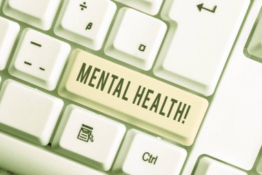 El yazısı metin Ruh Sağlığı. Kavram anlamı gösterenler durum onların psikolojik iyi beyaz arka plan tuşu kopya alanı üzerinde boş not kağıdı ile Beyaz pc klavye olmak ile ilgili.