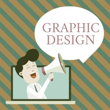 Grafik Tasarım yazma el yazısı metin. Kavram anlamı sanat veya reklam metin ve resimleri birleştirerek beceri Man Loudhailer Boş Konuşma Bubble Announce içine Laptop aracılığıyla Konuşma.