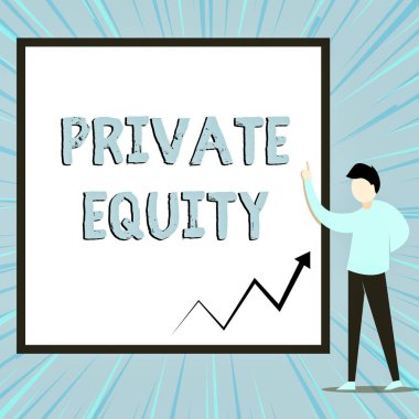 Kelime yazma metni Private Equity. Bir kamu borsası Nda listelenmemiş Sermaye için iş konsepti Yatırımlar Boş dikdörtgen Geometrik arka planı işaret eden genç adam görünümü.