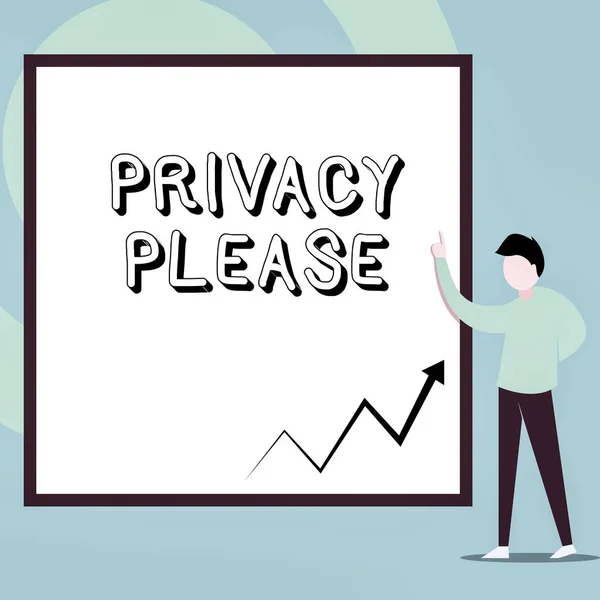 Conceptuele hand schrijven met privacy aub. Zakelijke foto tekst om iemand te respecteren uw demonstratingal ruimte laat alleen man staande wijzend op lege rechthoek geometrische achtergrond. — Stockfoto