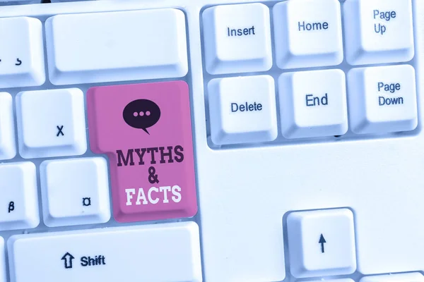 Text sign showing Myths And Facts. Conceptual photo usually traditional story of ostensibly historical events White pc keyboard with empty note paper above white background key copy space. — Stock Photo, Image
