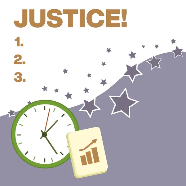 Text sign showing Justice. Conceptual photo impartial adjustment of conflicting claims or assignments Layout Wall Clock Notepad with Escalating Bar Graph and Arrow Pointing Up.