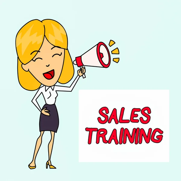 Writing note showing Sales Training. Business photo showcasing Action Selling Market Overview Personal Development Young Woman Speaking in Blowhorn Colored Backgdrop Text Box.