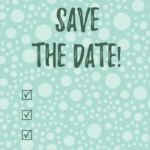 Conceptual hand writing showing Save The Date. Business photo text remember not schedule anything else on this day Scattered Blue Polka Dots Seamless Round Spots Matching Background. — Stock Photo, Image