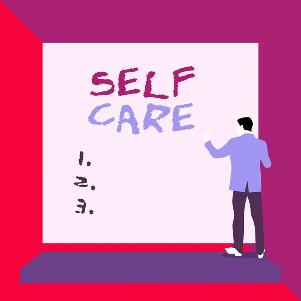 Word writing text Self Care. Business concept for the practice of taking action to improve one s is own health Back view young man dressed suit standing platform facing blank rectangle. — Stock Photo, Image