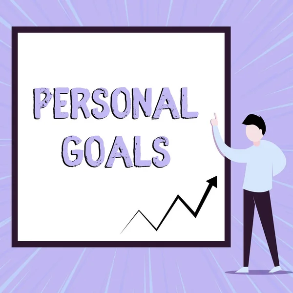 Word writing text Personal Goals. Business concept for Target set by a demonstrating to influence his efforts Motivation View young man standing pointing up blank rectangle Geometric background.