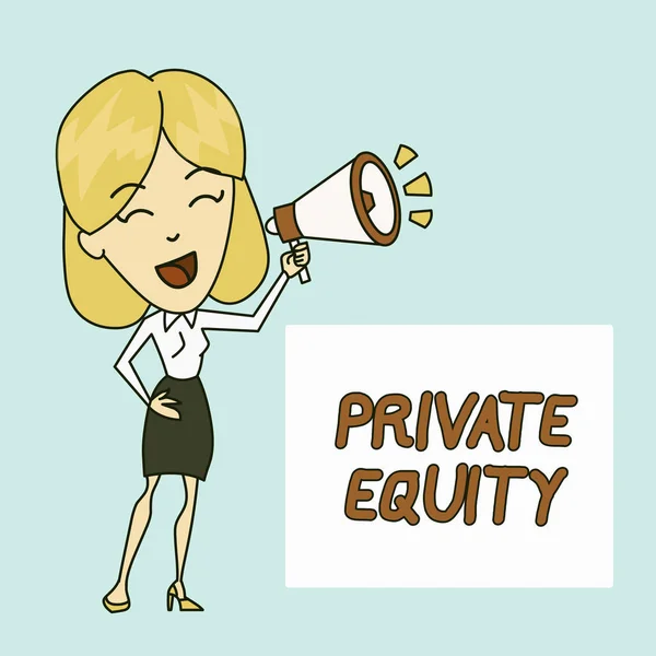 Writing note showing Private Equity. Business photo showcasing Capital that is not listed on a public exchange Investments Young Woman Speaking in Blowhorn Colored Backgdrop Text Box.