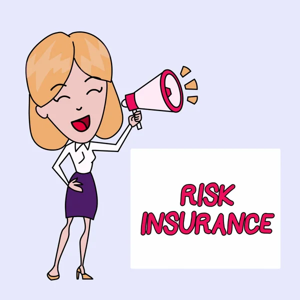 Writing note showing Risk Insurance. Business photo showcasing The possibility of Loss Damage against the liability coverage Young Woman Speaking in Blowhorn Colored Backgdrop Text Box.