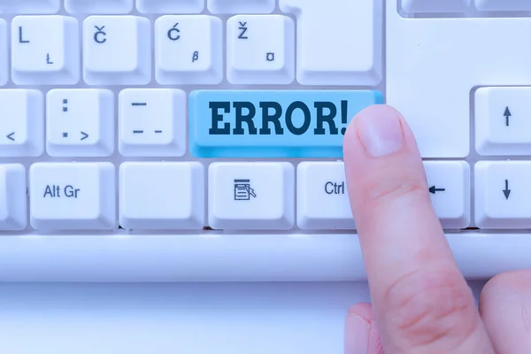 Text sign showing Error. Conceptual photo state or condition of being wrong in conduct judgement or program White pc keyboard with empty note paper above white background key copy space.