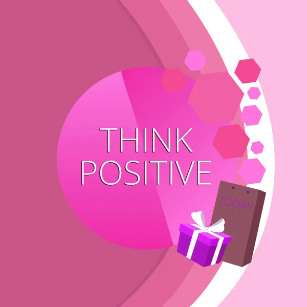 Text sign showing Think Positive. Conceptual photo The tendency to be positive or optimistic in attitude Greeting Card Poster Gift Package Presentation Box Decorated by Bowknot.