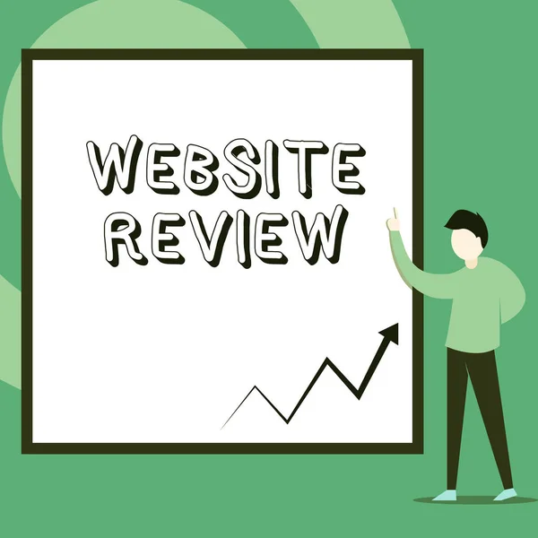 Conceptuele hand schrijven met de website review. Zakelijke foto tekst reviews die kunnen worden gepost over bedrijven en diensten man staand wijzend op lege rechthoek geometrische achtergrond. — Stockfoto