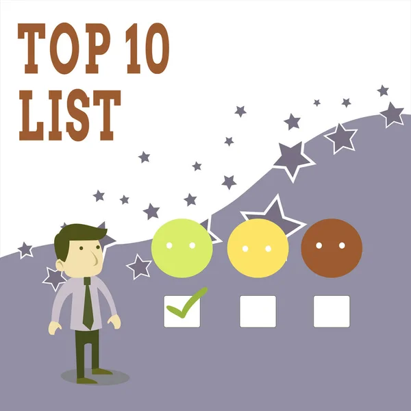 Text sign showing Top 10 List. Conceptual photo the ten most important or successful items in a particular list White Male Questionnaire Survey Choice Checklist Satisfaction Green Tick.