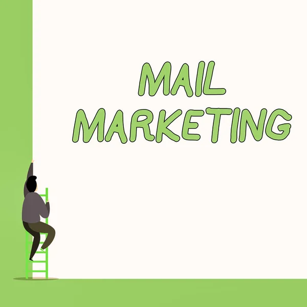 Writing note showing Mail Marketing. Business photo showcasing Act of sending a commercial messages Broadcast sense One Male climb up the tall high wall use short ladder stairway.