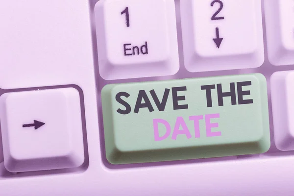 Text sign showing Save The Date question. Conceptual photo asking someone to remember specific day or time White pc keyboard with empty note paper above white background key copy space. — Stock Photo, Image