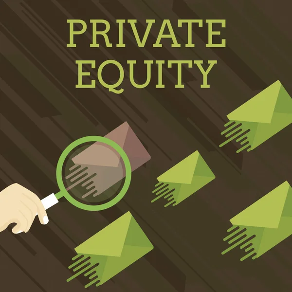 Text sign showing Private Equity. Conceptual photo Capital that is not listed on a public exchange Investments Magnifying Glass on One Different Color Envelope and others has Same Shade.