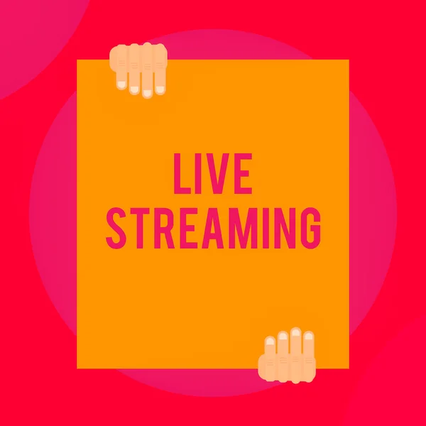 Word writing text Live Streaming. Business concept for Transmit live video coverage of an event over the Internet Two hands holding big blank rectangle up down Geometrical background design.