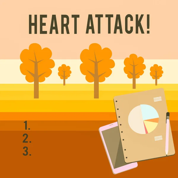 Εννοιολογική γραφή στο χέρι που δείχνει καρδιακή προσβολή. Επαγγελματική φωτογραφία που προβάλλει ξαφνική εμφάνιση στεφανιαία θρόμβωση με αποτέλεσμα τον θάνατο διάταξη smartphone off σημειωματάριο επαγγελματική πίτα διάγραμμα. — Φωτογραφία Αρχείου