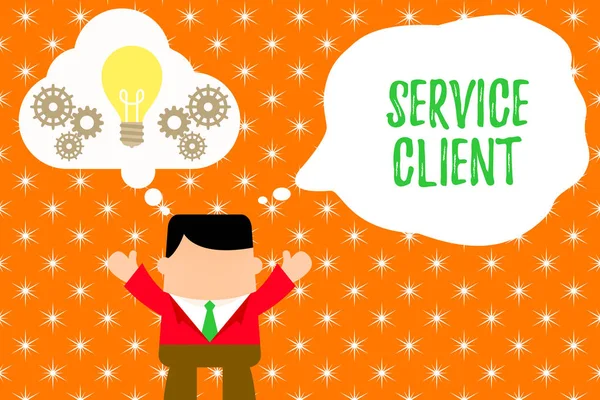 Nota di scrittura che mostra Service Client. Business photo showcase Affrontare la soddisfazione dei clienti e le esigenze in modo efficiente Man hands up lampadina bolla immaginaria lavorare insieme . — Foto Stock