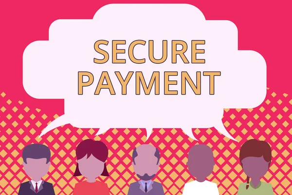 Word writing text Secure Payment. Business concept for Security of Payment refers to ensure of paid even in dispute Five different races persons sharing blank speech bubble. People talking.