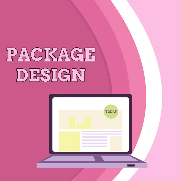 Conceptual hand writing showing Package Design. Business photo showcasing Strategy in creating unique product wrapping or container Laptop Switched On with Website Homepage Screen Web Search. — Stock Photo, Image