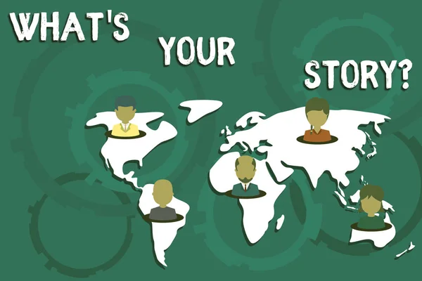 Skriva anteckning som visar vad din berättelse fråga. Business Photo utställning frågar visar om hans tidigare liv åtgärder händelser anslutning multietniska personer alla globala företag Earth Map. — Stockfoto