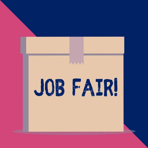 Writing note showing Job Fair. Business photo showcasing event in which employers recruiters give information to employees Close up front view brown cardboard sealed box lid. Blank background.