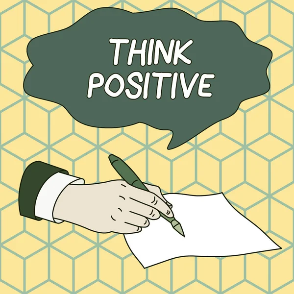 Text sign showing Think Positive. Conceptual photo The tendency to be positive or optimistic in attitude Male Hand Formal Suit Holding Ballpoint Pen Blank Piece of Paper Writing.