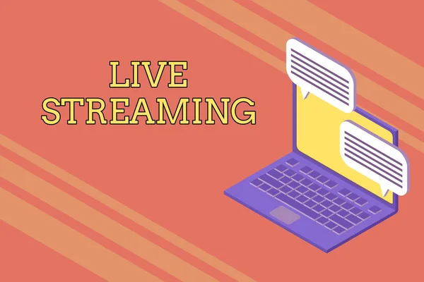 Handwriting text writing Live Streaming. Concept meaning Transmit live video coverage of an event over the Internet Laptop receiving sending information conversation texting internet wireless.