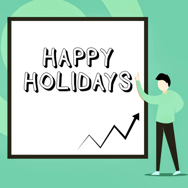 Koncepcionális kézírás a Happy Holidays-nél. Üzleti fényképszöveg tett egy rövid utazás egy csoportja, amely bemutatja az öröm férfi álló rámutatva Üres téglalap geometriai háttér. — Stock Fotó