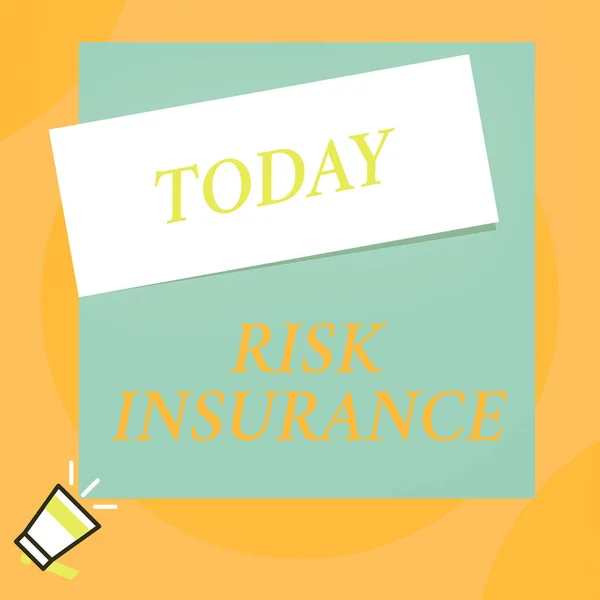 Writing note showing Risk Insurance. Business photo showcasing The possibility of Loss Damage against the liability coverage Big blank square rectangle stick above small megaphone left down corner.