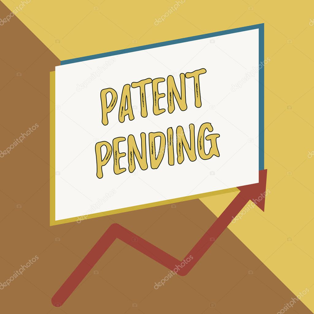 Conceptual hand writing showing Patent Pending. Business photo showcasing Request already filed but not yet granted Pursuing protection Blank rectangle above another arrow zigzag upwards sale.