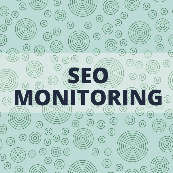 Note d'écriture montrant Seo Monitoring. Photo d'affaires montrant le suivi des progrès de la stratégie faite dans la plate-forme Couche multiple Différentes tailles Cercles concentriques Diagramme Repeat Pattern . — Photo