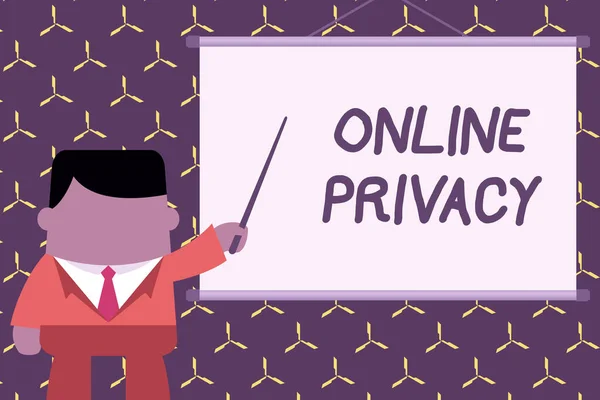 Text sign showing Online Privacy. Conceptual photo Security level of demonstratingal data published via the Internet Businessman standing in front projector screen pointing project idea.