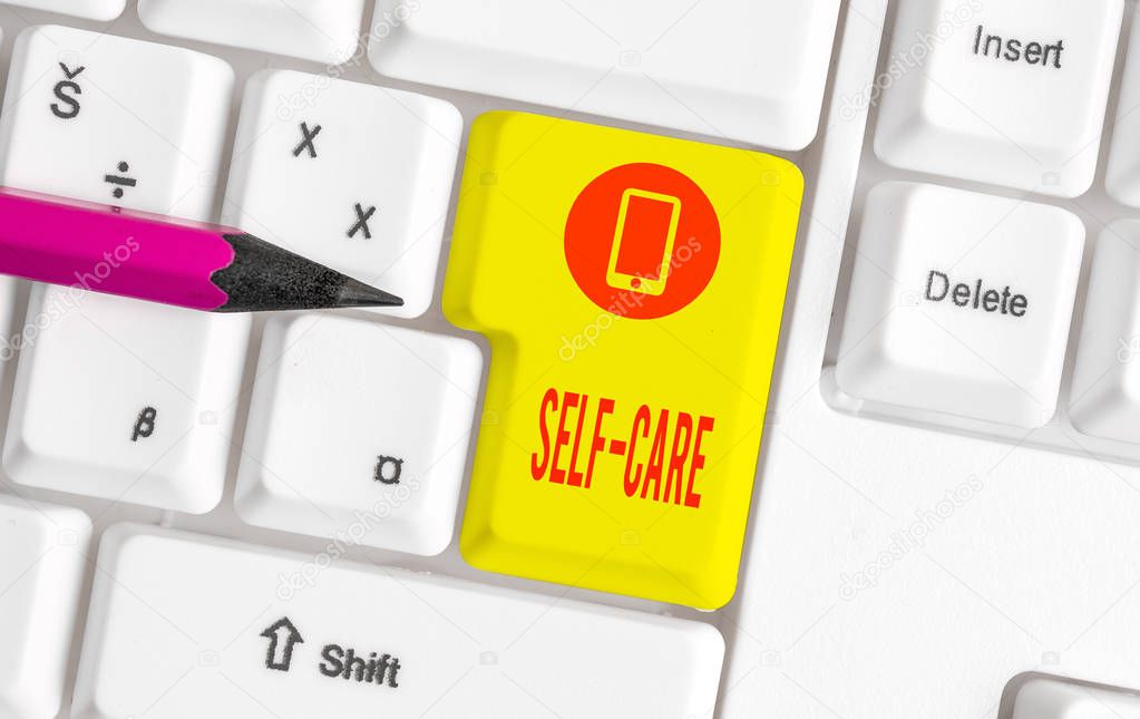 Word writing text Self Care. Business concept for practice of taking action preserve or improve ones own health White pc keyboard with empty note paper above white background key copy space.