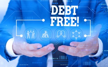 Borç Ücretsiz gösteren kavramsal el yazısı. İş fotoğraf vitrin herhangi bir kişi ya da şirketler e herhangi bir para ya da bir şey sahibi değil Erkek sunum akıllı cihaz sunan resmi takım giymek.